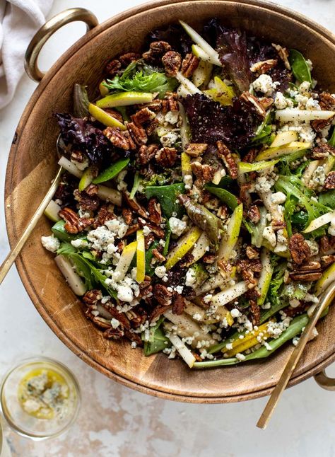 Sweet And Spicy Pecans, Pear Gorgonzola Salad, Spicy Pecans, Pear Gorgonzola, Gorgonzola Salad, Holiday Salad, Greens Salad, Champagne Vinaigrette, Holiday Salads