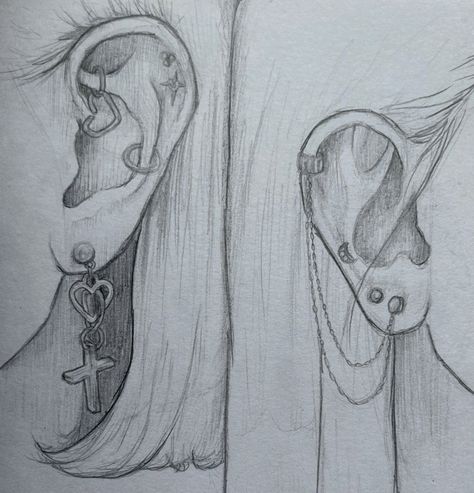 ear sketch , sketchbook drawings , art tutorials , piercings , earring aesthetic, , grunge aesthetic , dainty jewelry sketch , sketching , neyrri , heart earring , art inspiration , semi realism , realism drawing Ear Sketch, Nose Piercing Ideas, Earring Aesthetic, Earring Art, Sketch Aesthetic, Pencil Drawings For Beginners, Semi Realism, Ear Art, Mouth Drawing