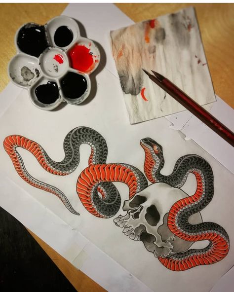 Skull Art Design, Traditional Japanese Tattoo Flash, Snake Painting, Snake Skull, Traditional Tattoo Inspiration, Chinese Folk Art, Japan Tattoo Design, Snake Tattoo Design, Japanese Drawings