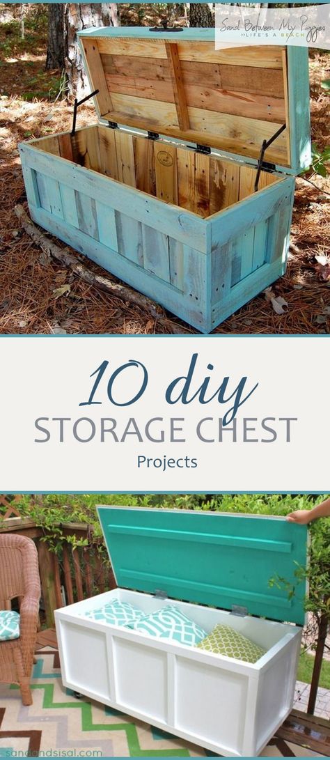 10 DIY Storage Chest Projects | Sand Between My Piggies- Beach Vacations and Travel - all things Beach Diy Storage Chest, Garden Diy Furniture, Chests Diy, Chest Ideas, Diy Storage Bench, Diy Garden Furniture, Beach Diy, Diy Holz, Diy Home Decor Bedroom