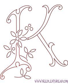 Monogram for Hand Embroidery: Letter K  Here’s the next free monogram for hand embroidery… the letter K. At this rate, it should only take about ten forevers to finish one monogram alphabet! I may have to find a different approach! Be that as it may, in the meantime, I hope you are enjoying these particular embroidery designs! Hand Embroidery Letters, Monogramm Alphabet, The Letter K, Alfabet Letters, Embroidery Alphabet, Embroidery Letters, Pola Sulam, Monogram Alphabet, Embroidery Monogram