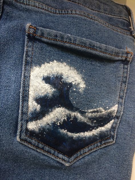 Pocket Painting, Jean Diy, Painted Clothes Diy, Diy Jeans, Denim Art, Diy Vetement, The Great Wave, Custom Jeans, Painted Jeans