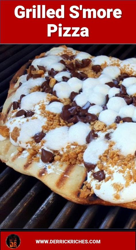 Grilled S'more Pizza - S'more pizza made right on your grill. A delicious grilled dessert pizza. You have to try this quick and easy Grilled S'more Pizza. via @derrickriches Fire Grilled Pizza, Grilled Pizza Recipes On Stone, Wood Fired Dessert Pizza, Grilled Pizza Ideas, Pizza On Grill, Grilled Smores, Smoker Meals, Veggie Pizzas, Easy Dessert Pizza