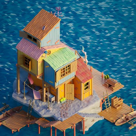 ArtStation - Sea life - low poly 3D, Ângelo Fernandes Cottage Minecraft, Minecraft Banner Designs, Fishing Dock, City Layout, Sims 4 House Plans, Sea House, Isometric Art, Minecraft Blueprints, Phone Shop