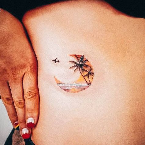 Top 100 Best Palm Tree Tattoos For Women - Paradise Design Ideas Beach Inspired Tattoos, Small Beach Tattoos, Florida Tattoo, Palm Tattoo, Beach Tattoos, Tropical Tattoo, Florida Tattoos, Airplane Tattoos, Sunset Tattoos