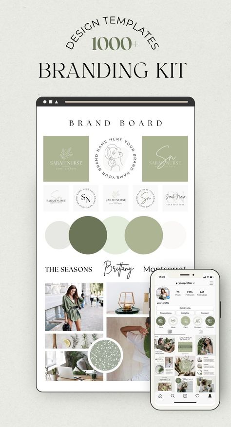 Branding Kit for female entrepreneurs, small business branding. Instagram Templates, Facebook Templates, Flyers, Business cards Instagram Template For Business, Sage Green Logo Design, Moodboard Brand Identity, Sage Green Website Design, Beauty Salon Brand Identity, Green Branding Board, Sage Green Branding, Instagram Story Marketing, Brand Style Guide Template