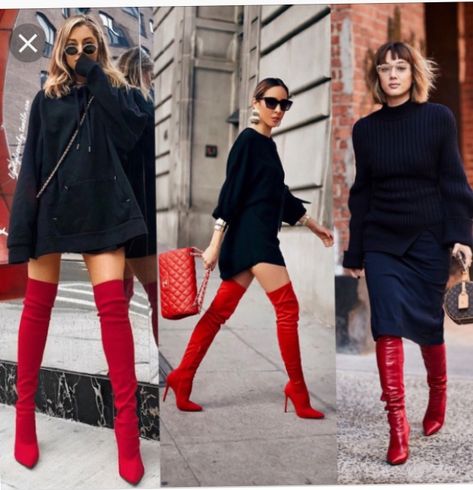 Red Long Boots Outfit, Tall Red Boots Outfit, Long Boots Outfit, Red Boots Outfit, Red Suede Boots, Bota Over, Mini Dress Outfits, Stylish Fall Outfits, Hot Boots