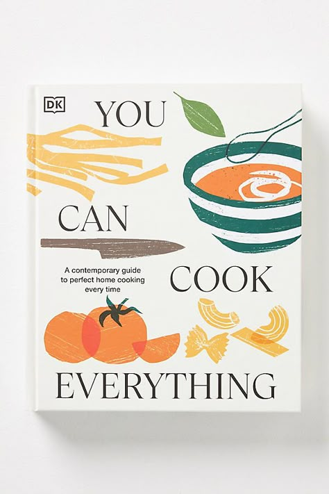 This comprehensive guide to basic cooking includes over 500 recipes and techniques for every possible occasion, all with easy-to-follow instructions and step-by-step imagery. | You Can Cook Everything: A Comprehensive Guide to Home-Cooking Every Time by Anthropologie in White Cookbook Recipe Layout, Recipe Book Illustration, Cook Book Design Ideas, Cook Book Cover Design, Cooking Book Design, Recipe Book Cover Design, Aesthetic Cookbook, Cook Book Illustration, Handmade Cookbook