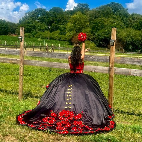 Black And Red Quinceaera Dress, Only Used It Once, Looks Brand New. Red And Black Quinceanera Dresses, Black And Red Quinceanera Dresses, Quince Charro, Black Quince Dress, Quince Theme Ideas, Theme Quinceanera, Charro Theme, Black Quince, Yellow Strapless Dress