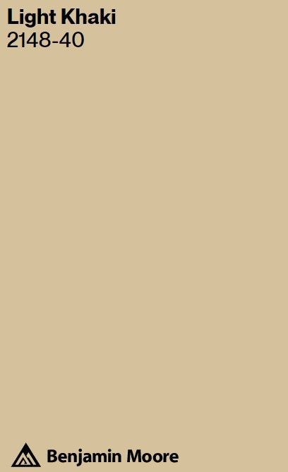 Benjamin Moore Light Khaki paint color swatch. #bmlightkhaki #khakipaintcolors Khaki Exterior House Colors, Creamy Paint Colors, Khaki Paint Colors, Khaki Paint, English Country Kitchen, English Country Interiors, Light Brown Colour, Painting Shutters, Country Interiors