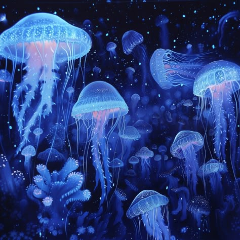 Ethereal Jellyfish Ballet: An underwater dance of ethereal jellyfish, their luminescent bodies glowing against the dark ocean abyss. #jellyfish #marine #underwater #bioluminescent #ocean #aiart #aiphoto #stockcake ⬇️ Download and 📝 Prompt 👉 https://stockcake.com/i/ethereal-jellyfish-ballet_349772_335651 Bioluminescent Ocean, Ocean Abyss, Underwater Dance, Jellyfish Pattern, Jellyfish Pictures, Dark Ocean, Picnic Tablecloth, Jellyfish Art, Kitchen Clothes