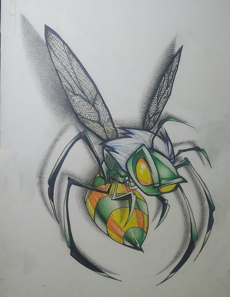 Wasp Drawing, Wasp Sketch, Wasp Drawing Easy, Cartoon Bumble Bee Tattoo, Bee Graffiti, Creepy Insects Drawing, Bee Sketch, Pixie Tattoo, Chest Tattoo Drawings