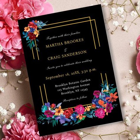 $2.92 | Watercolor Mexican Fiesta Flower Wedding Black #watercolor mexican fiesta flower wedding, modern elegant, whimsical wildflowers, botanical floral, typography, spring summer fall winter, outdoor country garden wedding, destination, colorful bold, spanish Black And Wildflower Wedding, Wedding Modern Elegant, Bold Wedding Invitations, Country Garden Wedding, Bright Wedding Colors, Floral Typography, Country Garden Weddings, Black Watercolor, Wedding Black