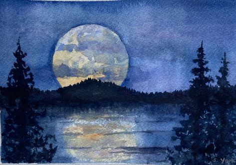 Moon Over Water, Night House, Watercolor Night Sky, Different Forms Of Art, Watercolor Sky, Water Drawing, Diy Watercolor Painting, Moon Painting, Watercolor Blue