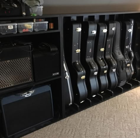 Instrument Case Storage, Music Room Storage Ideas, Music Instrument Storage, Music Equipment Storage, Rustic Music Room, Guitar Amp Storage, Guitar Room Man Cave, Guitar Storage Cabinet, Guitar Case Storage