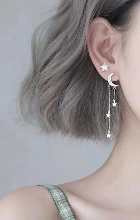 Star Earrings Silver, Silver Moon Earrings, Star And Moon Earrings, Earring Cuff Chain, Silver Star Earrings, Earrings Moon, Moon And Star Earrings, Star Earrings Stud, Classy Jewelry