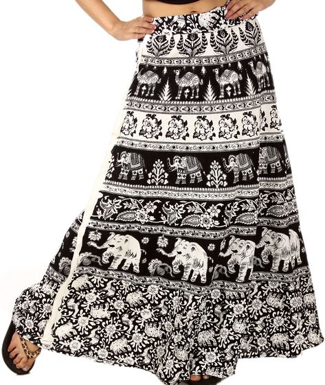 #White and #black #wrap around #cotton skirt bought from commercial street in #bangalore.  With #elephant, elephants and #camel , camels Elephant Fashion, Printed Long Skirt, Modest Fashion Hijab, Maxi Dress Outfit, Buy Skirts, Wrap Around Skirt, Fashion Hijab, Long Skirts For Women, Printed Midi Skirt