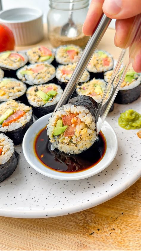 Vegan Spicy Tuna Roll with Chickpea Tuna - That Vegan Babe Vegan Spicy Tuna, Nori Sheets, Tuna Roll, Chickpea Tuna, Tuna Sushi, Spicy Tuna Roll, Vegan Sushi, Spicy Tuna, High Protein Vegan