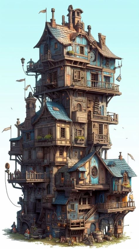 facade, architecture, house, building, old, travel, traditional, city, town, ancient, family, window, exterior, expression, roof Steampunk Building, Steampunk City, Baba Jaga, Steampunk House, Graphisches Design, Korat, Medieval Houses, Minecraft Architecture, Building Art