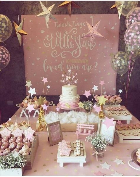 Pink Glitter Baby Shower Theme, Star Theme 1st Birthday Party, 1st Birthday Star Theme, Star 1st Birthday, Gold And Pink Baby Shower Ideas, Twinkle Twinkle Little Star Birthday 1st, Star Themed Baby Shower Ideas, Star Themed Baby Shower Decor, Twinkle Little Star Baby Shower Ideas Girl