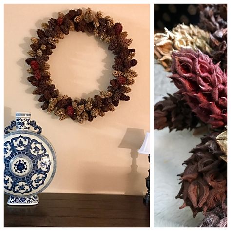 DIY Fall Wreath made from Magnolia Seed Pods Magnolia Pods Decor, Magnolia Pods Crafts, Seed Pods Crafts, Magnolia Crafts, Magnolia Seed Pods, Pinecones Decor, Pinecone Wreaths, Vine Wreaths, Spike Ball