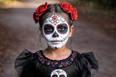 Easy Catrina Makeup Kids, Coco Face Paint, Kids Halloween Face, Sugar Skull Face Paint, Day Of The Dead Celebration, Road Background, Halloween Makeup Sugar Skull, Skull Face Paint, Sugar Skull Face