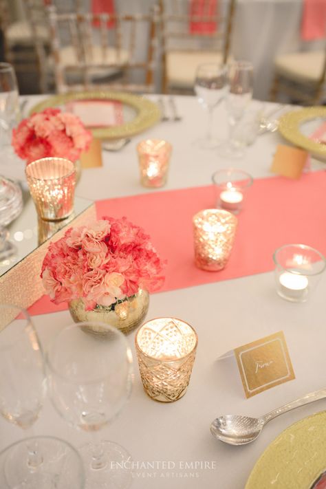 Coral And Gold Wedding, Peach And Gold Wedding, Whimsical Wedding Theme, Mercury Vases, Coral Wedding Flowers, Glass Charger Plates, Peach And Gold, Directional Signage, Easy Wedding Planning