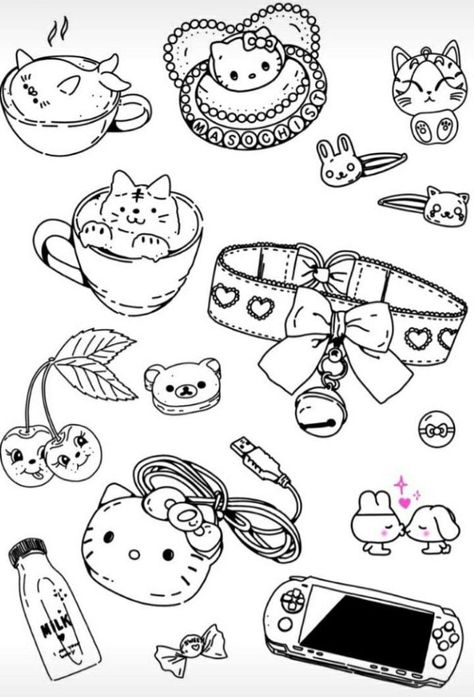 Kawaii Sayings, Kawaii Flash Tattoo, Tattoo Coloring Pages, Hello Kitty Colouring Pages, 4 Tattoo, Kawaii Tattoo, Small Girl Tattoos, Kitty Coloring, Doodle Tattoo