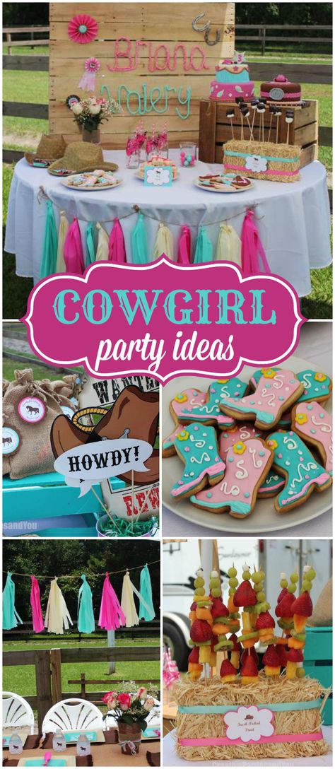 Grab your boots, saddle up and check out this cowgirl party! See more party ideas at CatchMyParty.com! Southern Birthday Party Ideas, Cowgirl Party Games, Cowgirl Party Ideas, Equestrian Birthday, Spirit Birthday, Cowgirl Baby Showers, Wild West Party, Horse Birthday Parties, Western Birthday