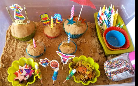 Cake Sensory Bin, Birthday Party Sensory Bin, Cupcake Sensory Bin, Party Sensory Bin, Kinetic Sand Sensory Bin, Playdough Cake, Happy Birthday Confetti, Mary Birthday, Sprinkles Birthday Party