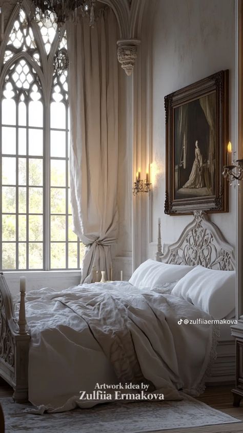 Candle Chandelier Aesthetic, Dark Princess Bedroom, White Gothic Interior, White Gothic Room, White Gothic Bedroom, Gothic Interior Design Victorian, Gothic House Aesthetic, White Gothic Decor, Gothic House Ideas