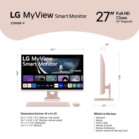 LG MyView 27" Full HD IPS 60Hz Smart Monitor with Wireless Keyboard and Mouse (HDMI, USB-A) Pink 27SR5BF-P.AUS - Best Buy Samsung M8 Monitor Set Up, Lg Monitor, Samsung M8 Monitor Pink, Samsung M8 Monitor, Wide Computer Monitor, Lg Dualup Monitor, Back To School Deals, Monitor Stand, Full Hd