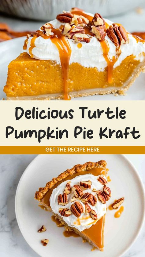 Indulge in the irresistible flavors of fall with our delicious Turtle Pumpkin Pie recipe using Kraft products. This decadent dessert combines creamy pumpkin filling with rich caramel, crunchy pecans, and smooth chocolate all in a buttery graham cracker crust. Perfect for Thanksgiving or any autumn gathering. Treat your taste buds to a slice of heaven! Turtle Pumpkin Pie Recipe, Turtle Pumpkin Pie, Turtle Pumpkin, Turtle Pie, Autumn Gathering, Pumpkin Filling, Pie Party, Graham Cracker Crust Pie, Gooey Caramel