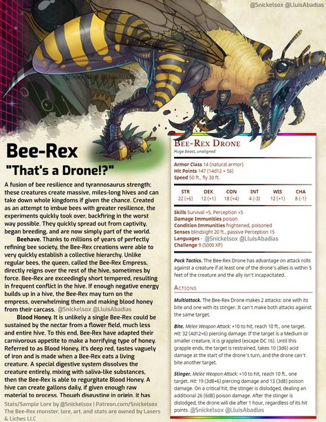 Dnd Races With Wings, Funny Dnd Character Ideas, Bee Monster, 5e Monsters, Dnd Monster, Dungeons And Dragons Races, Dnd Stats, Dnd Character Sheet, Dnd Campaign