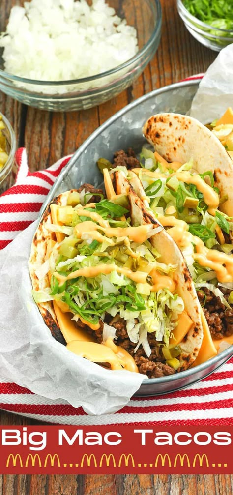 Big Mac Tacos Tik Tok, Big Mac Taco Recipe, Big Mac Street Tacos, Tik Tok Big Mac Taco, Big Mac Smash Burger Tacos, Cheeseburger Taco Recipe, Blackstone Big Mac Tacos, Taco Big Mac, Big Mac Tacos Keto