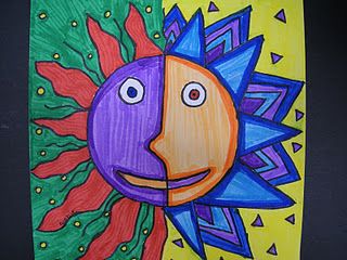 sun/moon Square One Art, Square 1 Art, Art Sub Plans, 4th Grade Art, Warm And Cool Colors, Easy Arts And Crafts, Art Lessons Elementary, First Art, Art Lesson