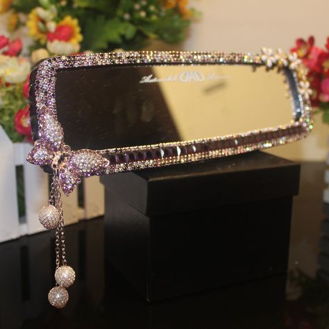 Diamond Car Decor, Mirror Personality, Silver Car Interior, Crystal Interior, Crystal Mosaic, Car Mirror Decorations, Car Interior Diy, Bling Car, Bling Car Accessories