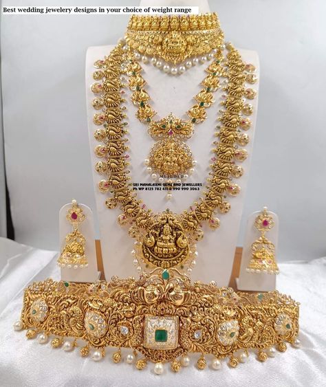 Best Wedding jewellery designs in your choice of weight range. Presenting an excellent wedding set with Haram, necklace, choker and beautiful Vaddanam. Visit us for full range at MOST COMPETITIVE PRICES. Connect instant video call on 8125 782 411 or 990 990 3063 from 11 am to 8 pm anytime. Perfect finishing, Clear price tagging, GOLD TESTING MACHINE AVAILABLE Get 100 percent value for your old Gold exchange. Free shipping within INDIA & USA, Singapore. #weddingjewelery #bridaljewelery #vadyan Gold Full Set Jewellery, Gold Jwellary, Wedding Jewellery Set, Wedding Jewellery Designs, Wedding Jewelry Sets Bridal Jewellery, Wedding Jewelery, Long Haram, Bridal Necklace Designs, Gold Temple Jewellery