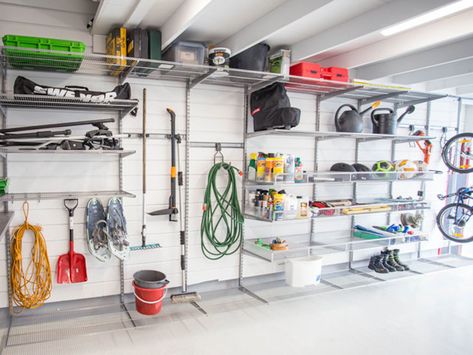 Storage solutions | Pre-planned | Elfa Basement Closet, Carriage House Garage, Support Velo, Garage Storage Solutions, Storage Room Organization, No Closet Solutions, Garage Storage Systems, Garage Organize, Open Closet