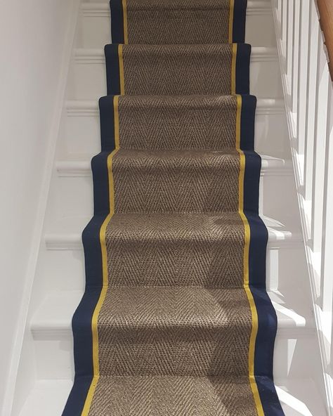 Double border in Pageant blue and Spicy Mustard. We love the colours used on this double taped border. The customer purchased these stair runners from our website. If you’re in the market for a bespoke stair runner and aren’t local to us we deliver across the UK. Check out our website. Link in Bio Taped border - @honorajohnbinding you will not find these tapes with any other online stair runner retailer. #carpetedging #carpetwhipping #tapebinding #flooring #sisal #stair #stairrunner #st... Stair Runner, Our Love, Bespoke, Stairs, Carpet, Blue, Color, Instagram