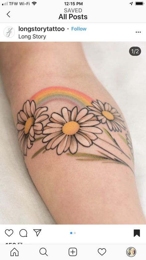 Hippie Flower Tattoos, White Daisy Tattoo, April Birth Flower Tattoo, Tattoo Symbolism, Daisy Tattoo Designs, Sunflower Tattoo Shoulder, Flower Tattoo Meanings, April Birth Flower, Rainbow Tattoos