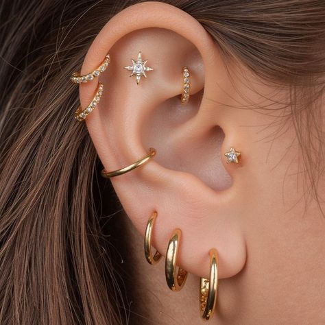 🌟 Star Stud & Hoop Earrings Combo 🌟 💖 beautiful pieces and let your style shine! 💖 #EarCuration #StarStuds #HoopEarrings #JewelryCollection #Fashionista Ear Piercing Combos Both Ears, Silver Ear Stack, Silver Earring Stack, Earring Combos, Ear Styling, Earring Combo, Earring Stacks, Earrings Combo, Ear Style