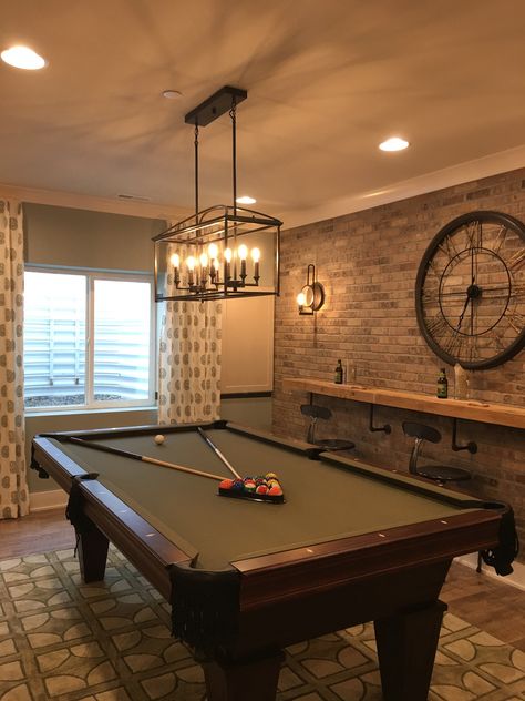 Game Room Basement Pool Table, Pool Table Area Basement, Loft With Pool Table, Home Pool Room Ideas, Western Pool Table Room, Built In Bar Table & Stools, Skeeball Game Room, Pool Table Game Room Ideas, Rustic Pool Room Ideas