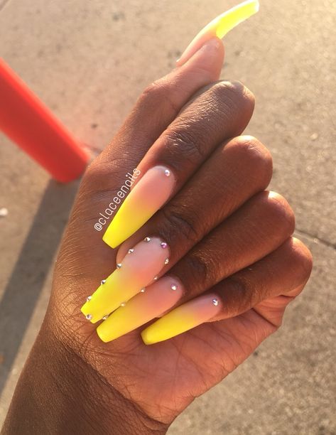 Bright Nails For Summer Design, Ombre Nails Bright Colors, White And Neon Yellow Nails, Ombre Vacation Nails, Yellow Ombre Nails Coffin, Pink And Yellow Nail Designs, Yellow And Red Nails, Red And Yellow Nails, Yellow Ombré Nails