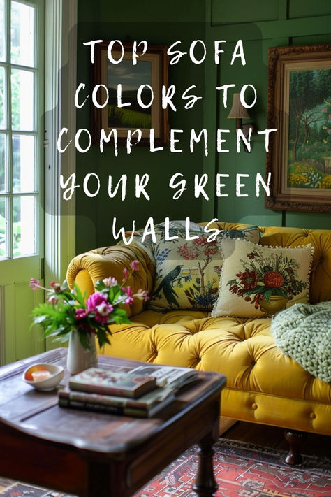 Wondering what sofa color complements green walls? 🛋️🌿 Click to explore the best sofa shades that make your green walls pop and bring harmony to your space. #HomeDecor #GreenWalls #SofaColors #InteriorDesign #StylishLiving Green Wall Green Couch, Yellow Wall Green Couch, Black Couch Green Walls, Green Sofa Green Wall, Rooms With Green Walls, Mustard Sofa, Green Walls Living Room, Blue Couch Living Room, Light Green Walls