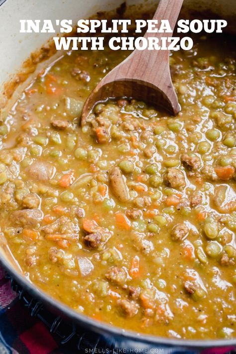 Ina's split pea soup is a classic recipe and the addition of chorizo in place of the traditional ham takes this soup from great to unforgettable in a matter of no time at all! #splitpeasoup #peasoup #inagarten #barefootcontessa #ham Split Pea Ham Soup, Easy Split Pea Soup, Green Split Pea Soup, Yellow Split Pea Soup, Ham Soup Recipes, Split Pea Soup Recipe, Pea And Ham Soup, Leftover Ham Recipes, Ina Garten Recipes