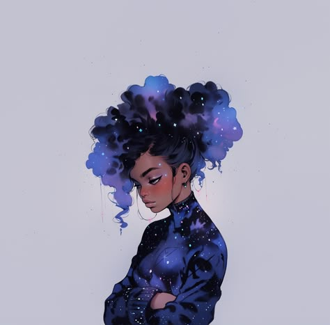 Rainbow Hair Character Art, Galaxy Hair Art, Cloud Hair Character Design, Galaxy Hair Drawing, Cloud Hair Drawing, Cloud Afro, Afro Character Design, Cloud Person, Star Afro