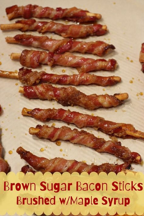 breadsticks with brown sugar coated bacon strips that are baked in the oven to perfection. brushed with maple syrup after cooking Bacon Sticks, Bacon On A Stick, Brown Sugar Bacon, Sugar Sticks, Maple Bacon, Enough Said, On A Stick, Bacon Recipes, A Stick