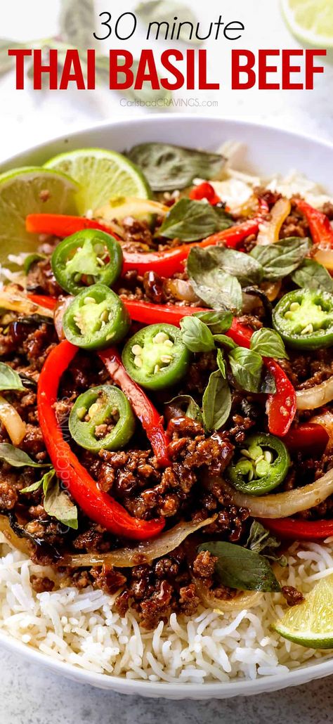 Thai Ground Beef, Thai Basil Beef Recipe, Pao Recipe, Basil Beef, Thai Basil Beef, Recipe Ground Beef, Carlsbad Cravings, Thai Basil, Thai Dishes