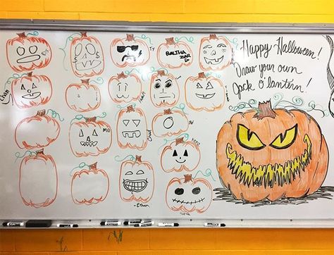 Happy Halloween! #morgansadvisorycrew made their own jack o' lanterns to celebrate! #whiteboard #education #highschool #iteachart #teachersfollowteachers #teachersofinstagram #happyhalloween #jackolantern #pumpkins Halloween Whiteboard, Whiteboard Prompts, Whiteboard Questions, Classroom Whiteboard, Whiteboard Messages, Whiteboard Art, Morning Board, Responsive Classroom, Daily Writing Prompts